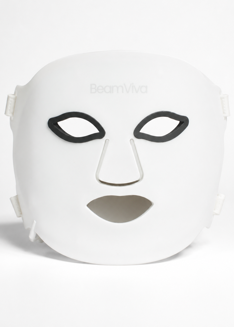 BeamViva white silicone LED face mask with built-in eye protection, front view