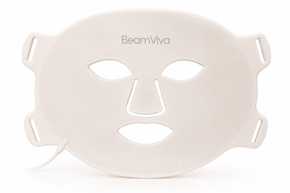 BeamViva silicone LED light therapy face mask, front view, powered off