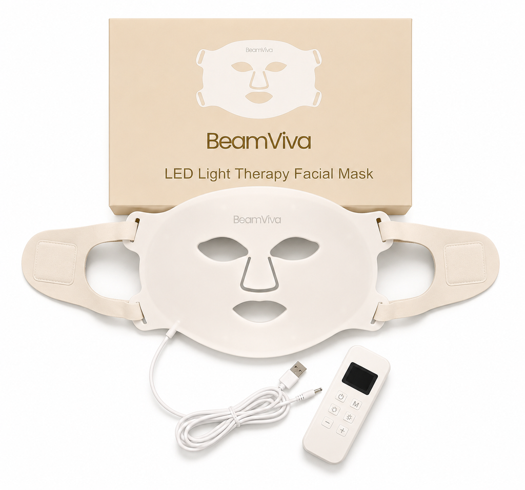 BeamViva LED light therapy face mask kit with remote controller, USB charging cable, and box