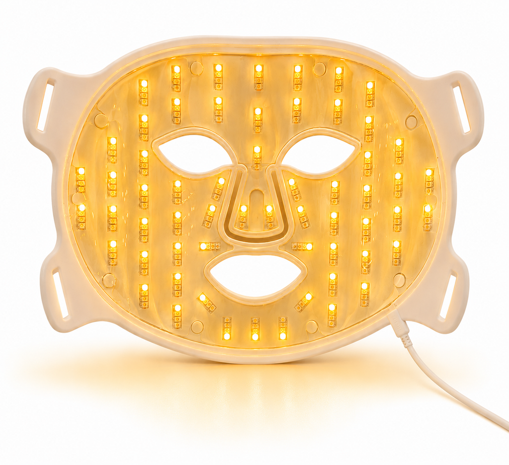 Interior of BeamViva mask with medical-grade LEDs illuminated in amber 590nm