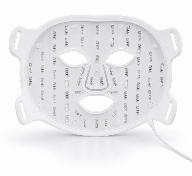 Interior of BeamViva LED face mask showing LED array and silicone build, powered off