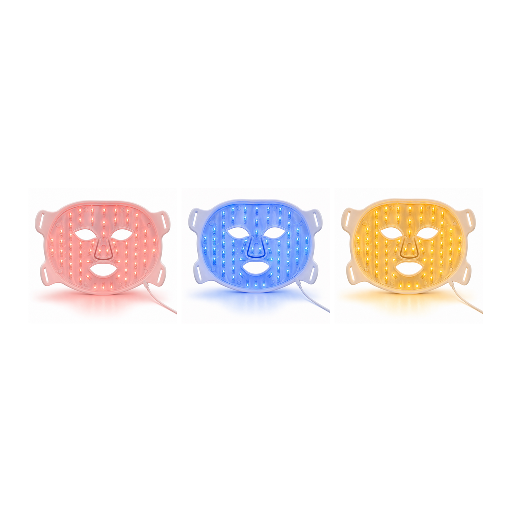 BeamViva mask interior showing red, blue, and amber LED wavelengths side by side