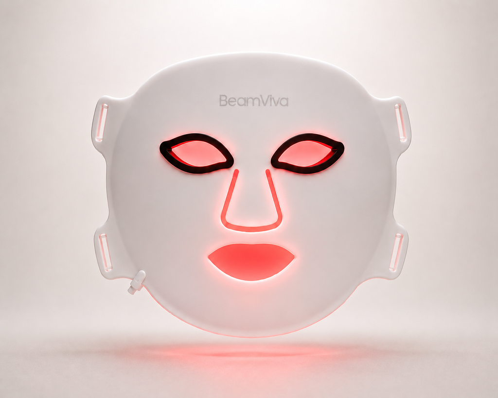 BeamViva LED face mask with red 630nm light therapy, FDA-cleared for the treatment of wrinkles